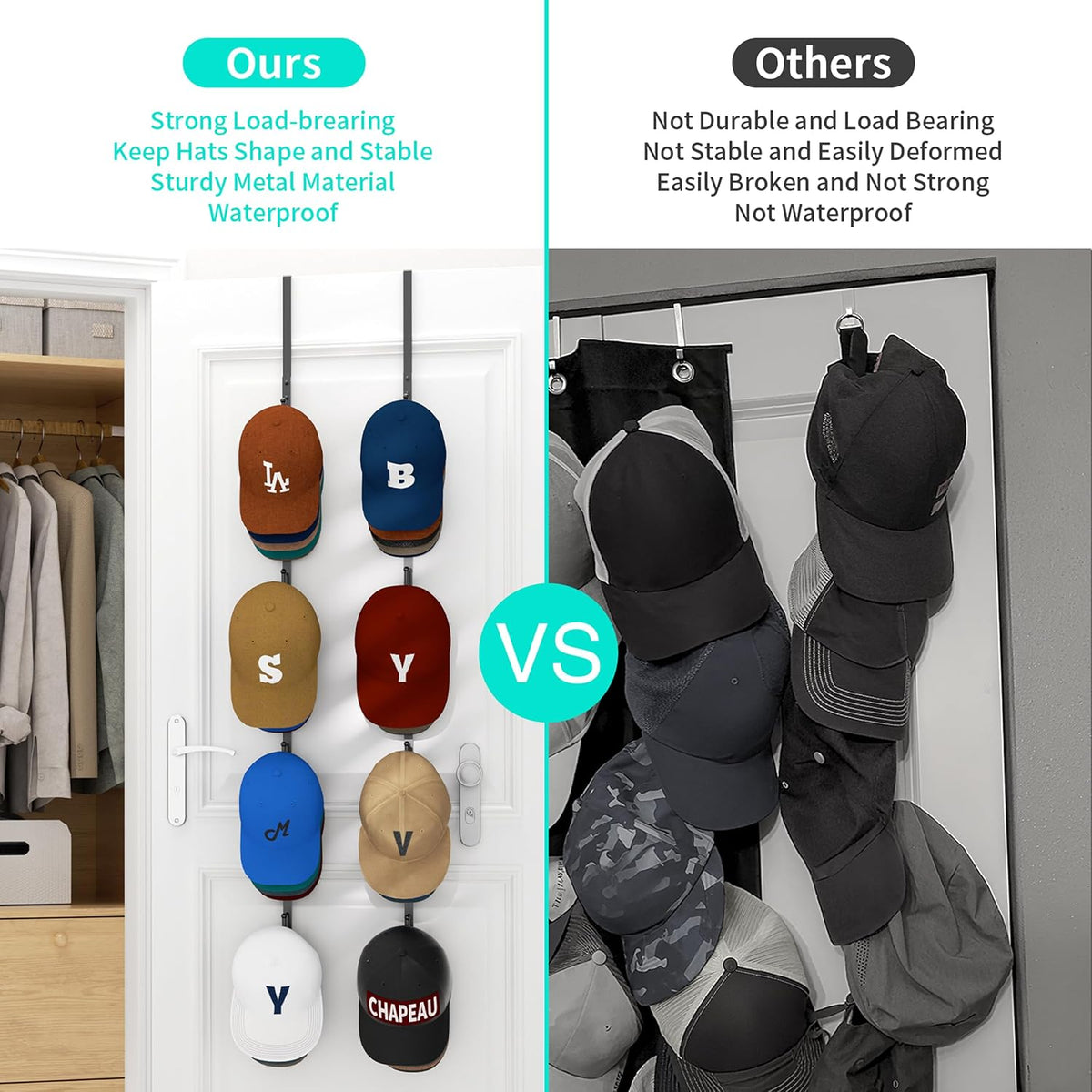 HapiRm Over Door Hat Rack - 2 Packs Hat Organizer with 8 Hooks Design, Hanging Baseball Cap Organizer Storage Holds Up to 40 Caps for Door, Bedroom, Closet (Black)