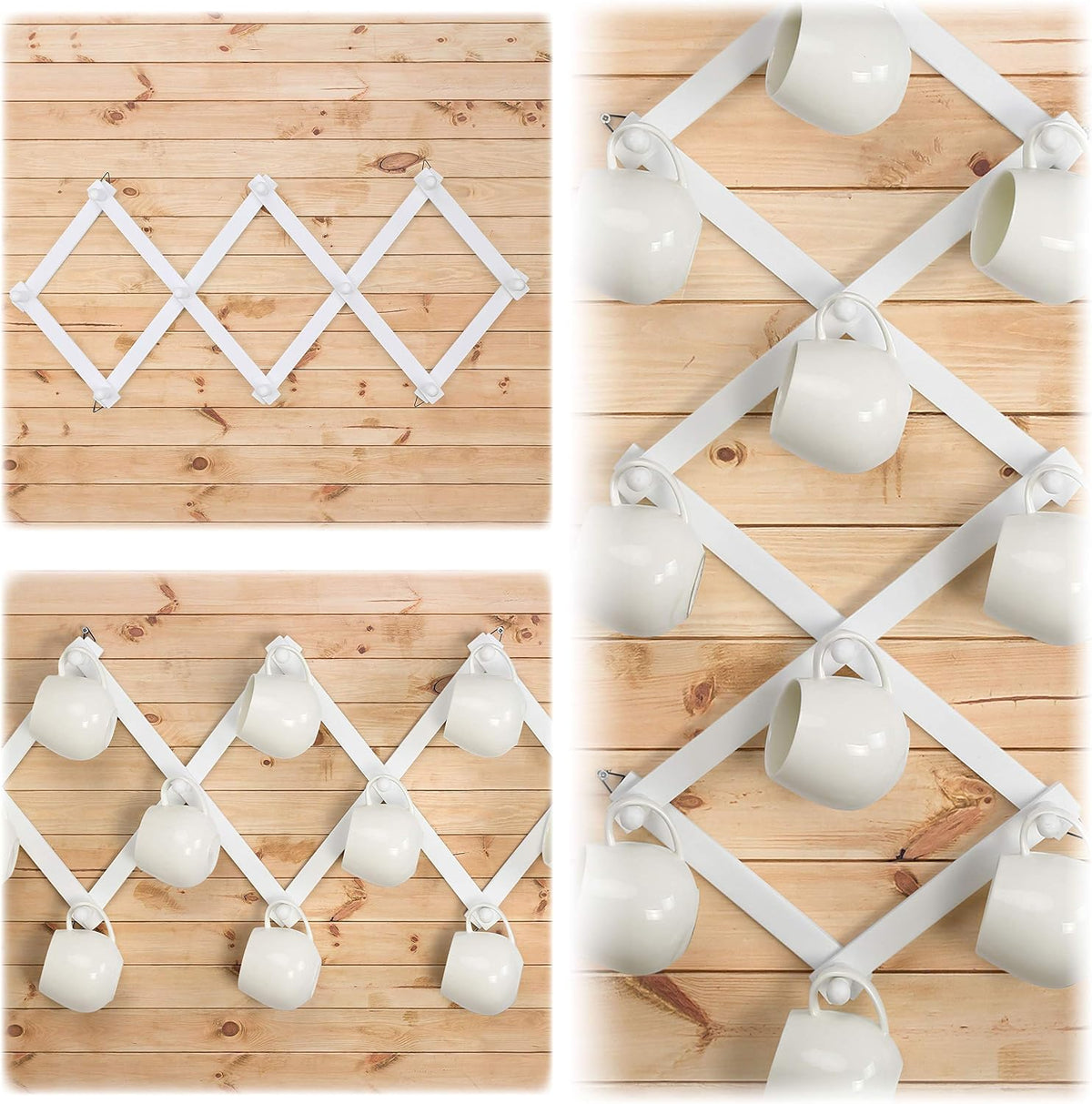 Dseap Accordian Wall Hanger: 16” High Wooden Wall Expandable Coat Rack, Hat Rack Holder, Accordion Hook for Baseball Caps, Coats, Mugs, 13 Peg Hooks, White