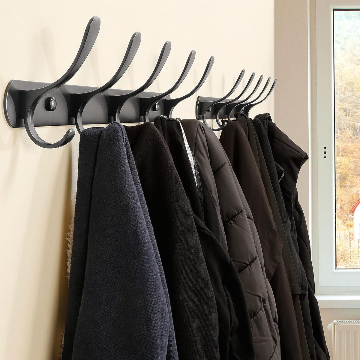SKOLOO Coat Rack Wall Mount - Modern, Metal Wall Coat Rack with 5 Hooks, Pack of 2, Sturdy Wall Mounted Coat Hooks for Hanging Coat, Jacket, Clothes, Hat, Matte Black