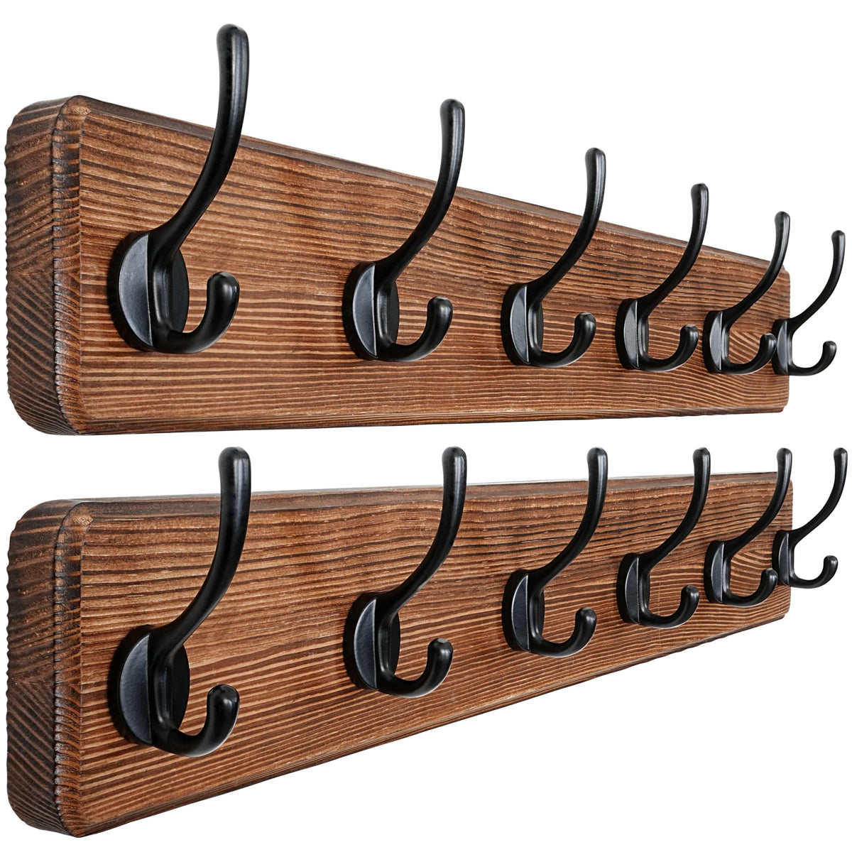 Dseap Wall Mounted Coat Rack: Patented, Heavy-Duty, 17.4" Long 5-Double-Hooks Wooden Hanger Rail for Winter Coats, Hat, Jacket, Clothing - Natural & Black