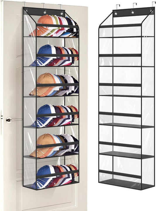 AOODA Clear Over The Door Hat Racks for Baseball Caps, Large Holds up to 72 Caps Hat Storage Organizer for Closet Wall, Deep Pockets Hanging Hat Holder with 3 Hooks, Black