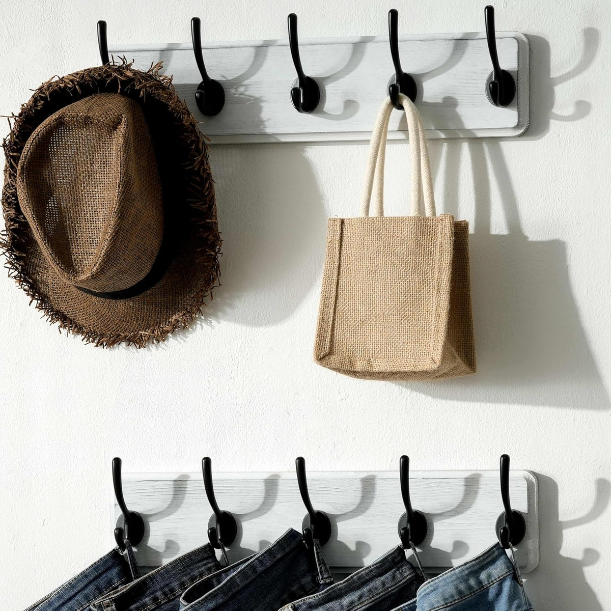 SKOLOO Rustic Coat Rack Wall Mount, 5 Hooks, 17 Inch, Solid Wood, White