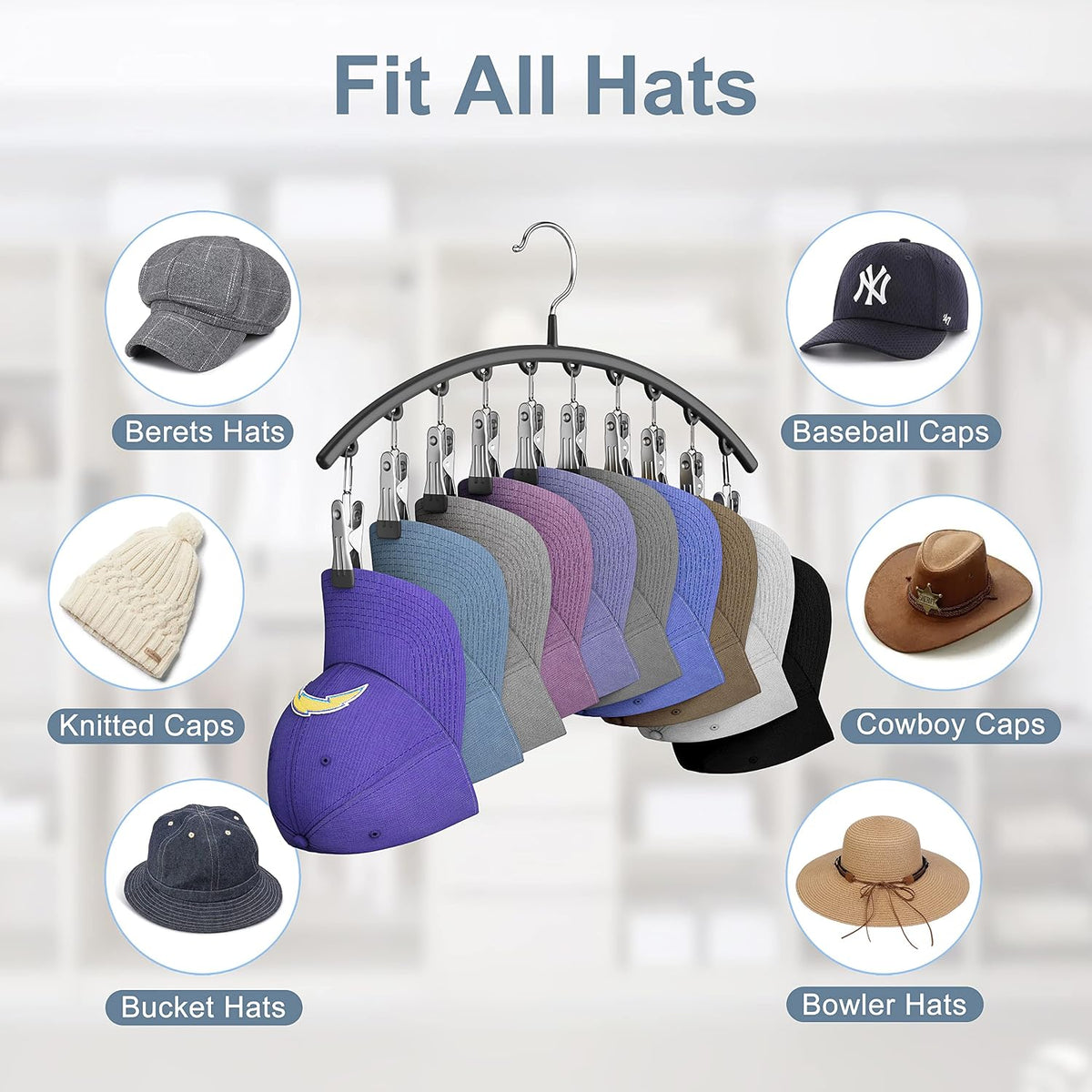 Yecuip Hat Hangers for Closet,Hat Organizer Racks for Base Ball Caps 2 Pack