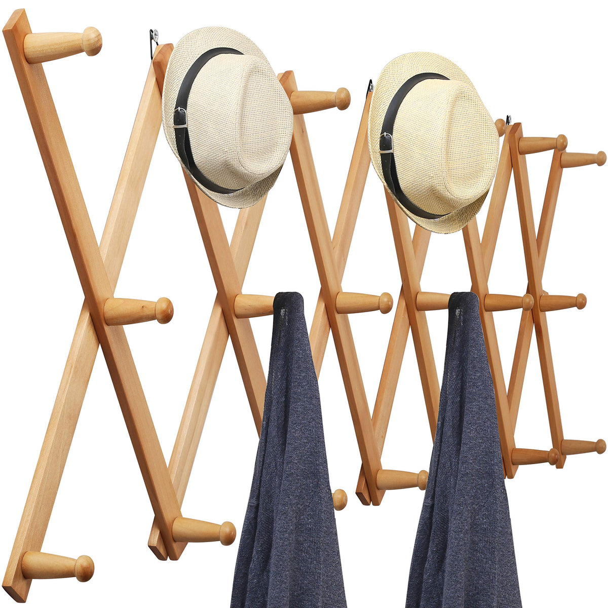 WEBI Accordion Wall Hanger, Wooden Coat Rack Wall Mounted, Hat & Cap Hook Rack, 16 Peg Hooks, Walnut Color