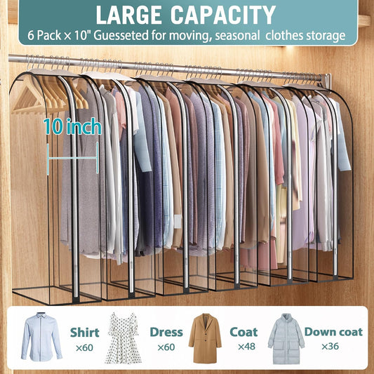 Liuoud Clear Garment Bags for Hanging Clothes 10” Gusseted, 6 Pack, 40”