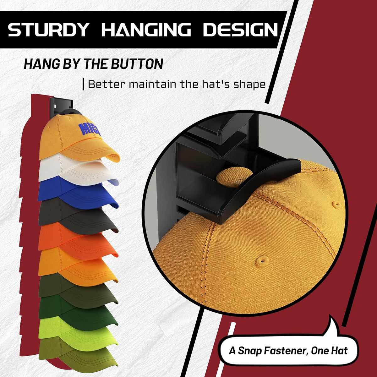 Hat Organizer Hold up to 20 Hats, 2 Pack Hat Rack for Wall with Strong Adhesive, Hat Organizer for Baseball Caps Display for Door Closet, Hat Hanger Holder Multilayer Two Mounting Option(Black)