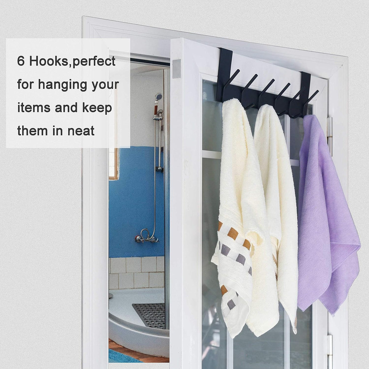 WEBI Over The Door Hooks Door Hanger,Over The Door Towel Rack with 6 Hooks for Hanging,Door Coat Towel Hanger Door Coat Rack,Black