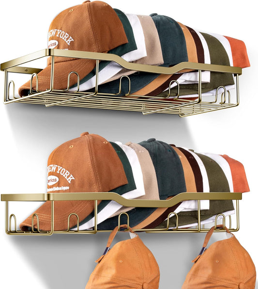 KEETDY Metal Hat Organizer for Baseball Caps Wall Hat Rack Fit 48 Caps Holder, 2 Packs Sturdy Wall Mounted Hat Storage Organizer, Gold