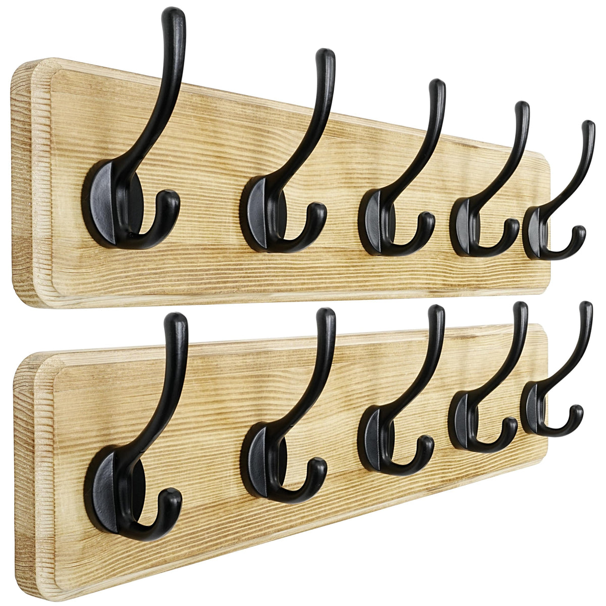 Dseap Wall Mounted Coat Rack: Patented, Heavy-Duty, 17.4" Long 5-Double-Hooks Wooden Hanger Rail for Winter Coats, Hat, Jacket, Clothing - Natural & Black