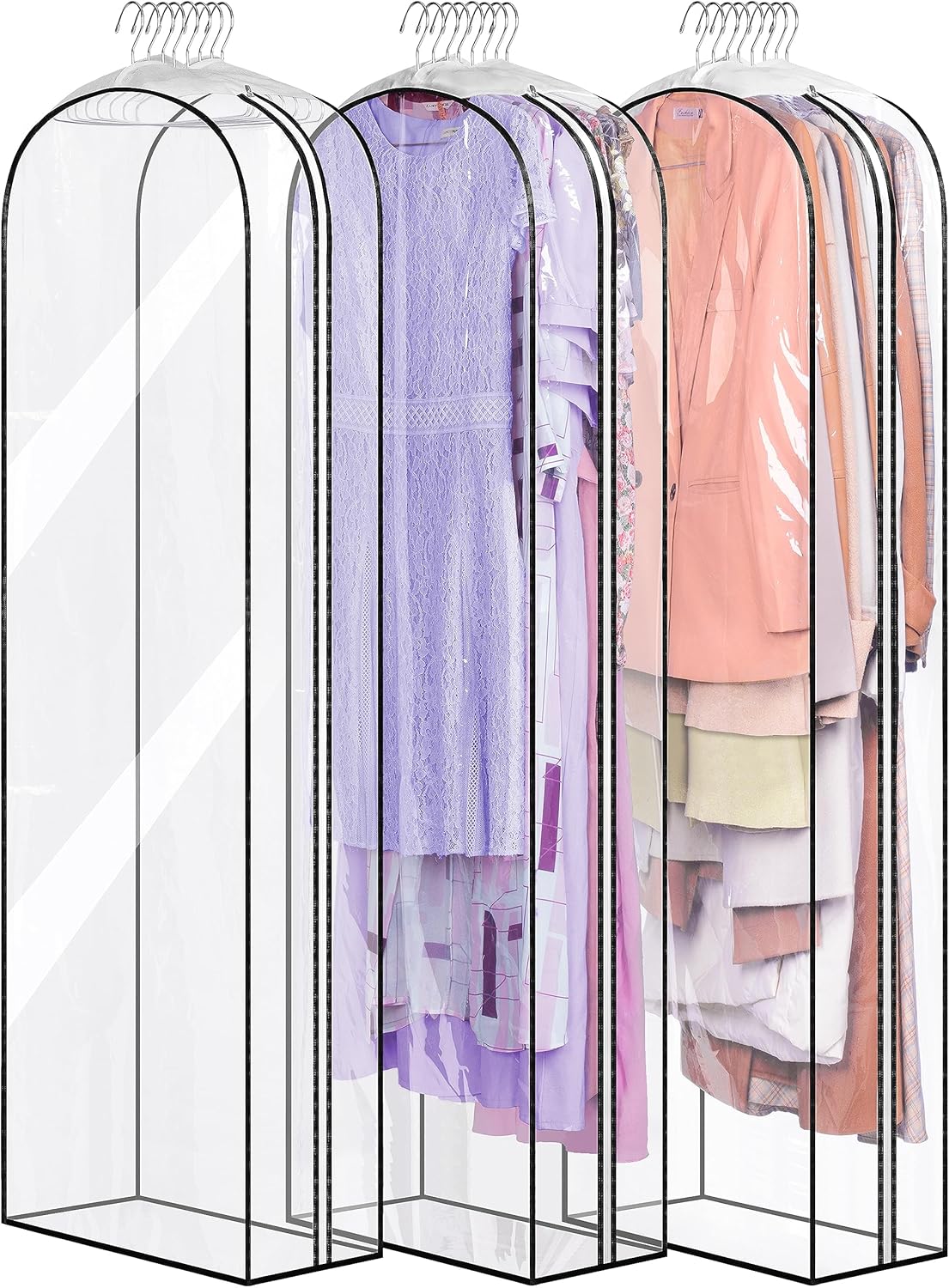 MISSLO 10" Gusseted All Clear Garment Bags for Hanging Clothes 60" Dress Bags for Gowns Long Fur Coat Closet Storage Covers, 3 Packs